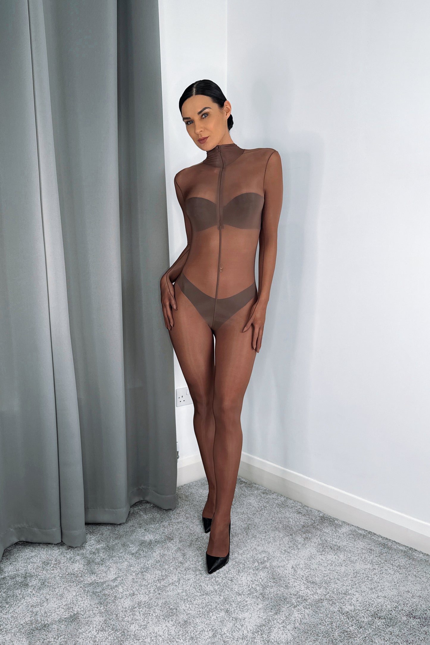 Sheer high neck nylon bodystocking with gloves black full body transparent bodystocking