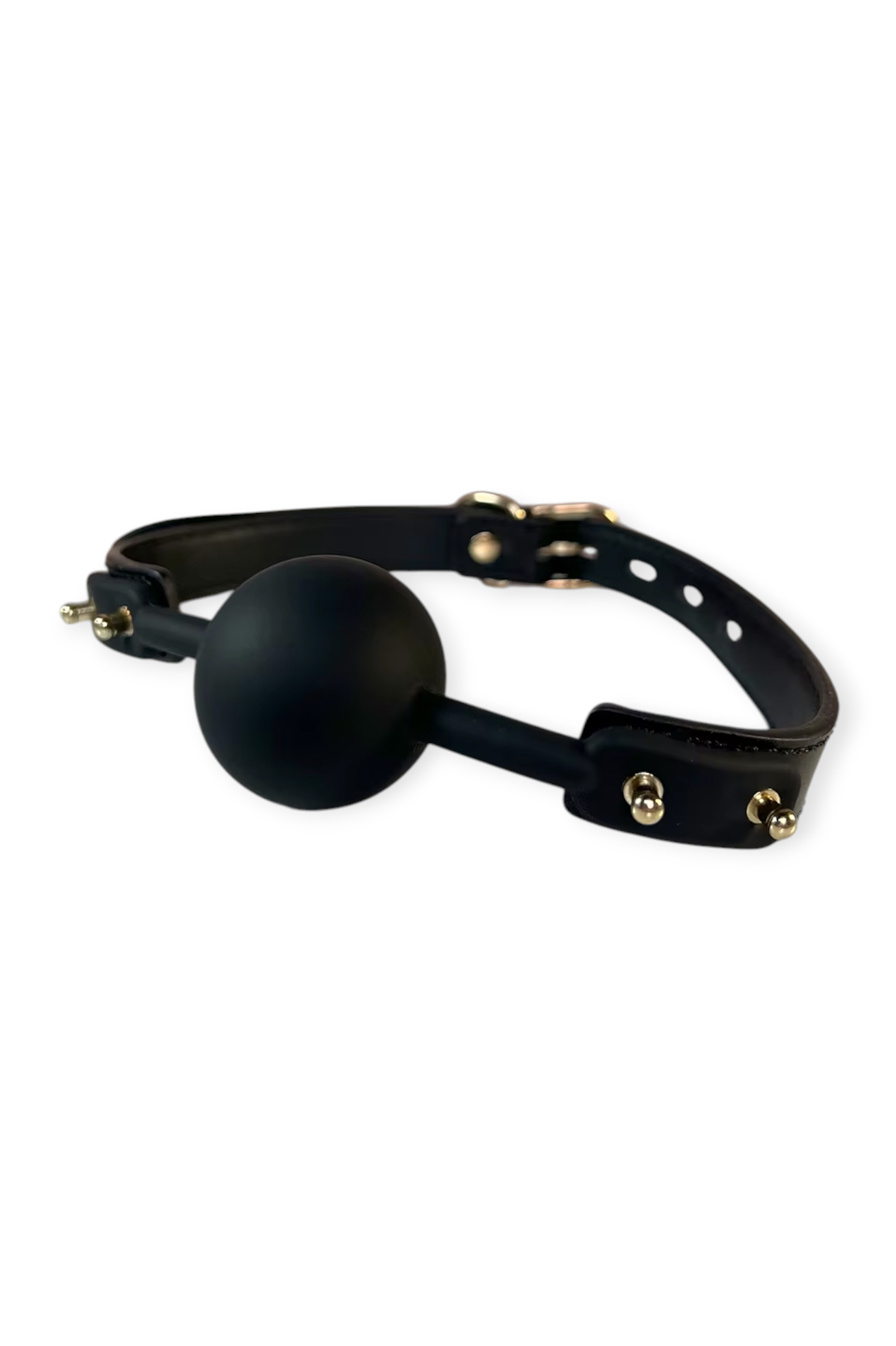 Silicone bondage ball gag with adjustable faux leather strap black BDSM gag with gold hardware

