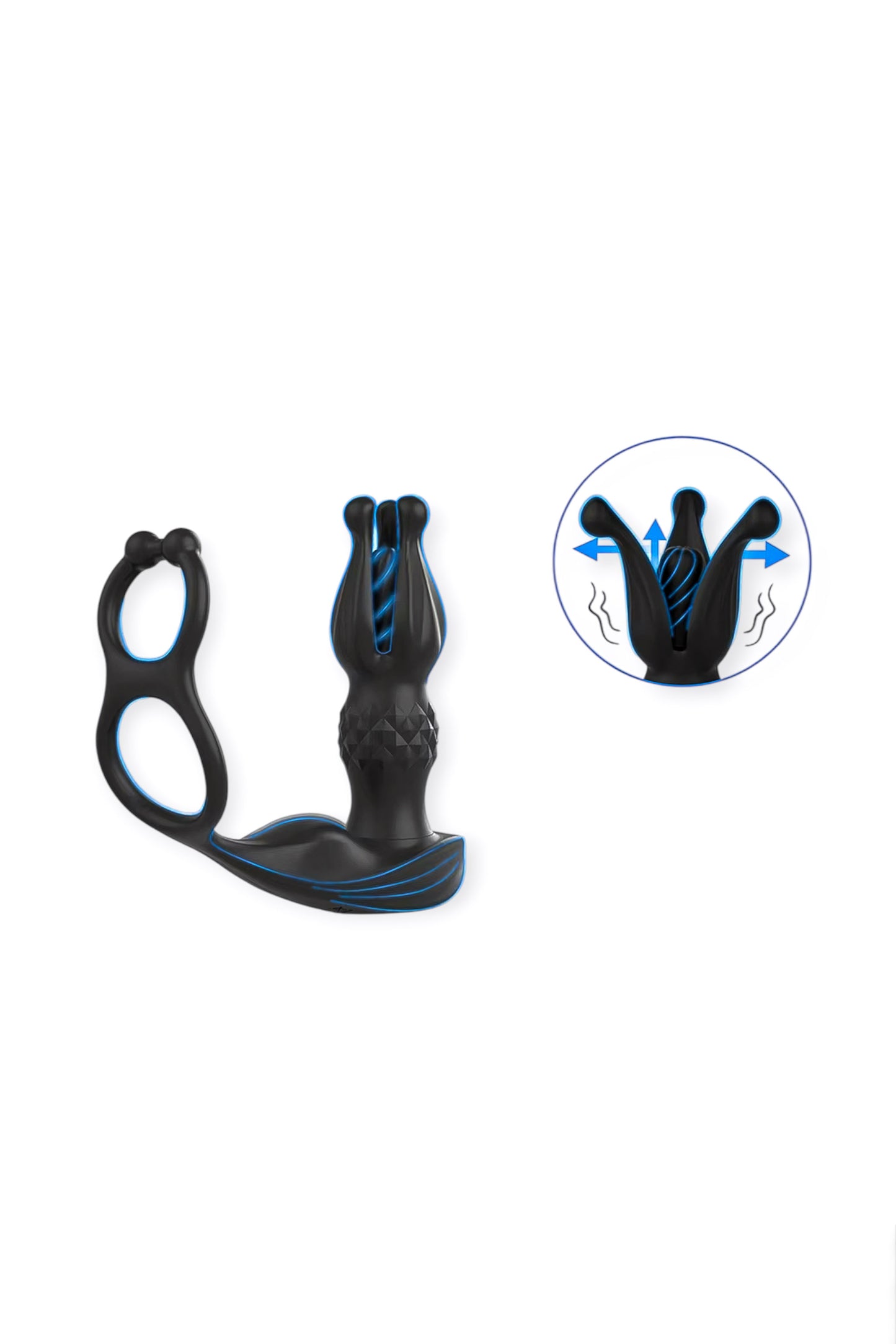 Thrusting expandable butt plug with flexible cock ring – black silicone male toy