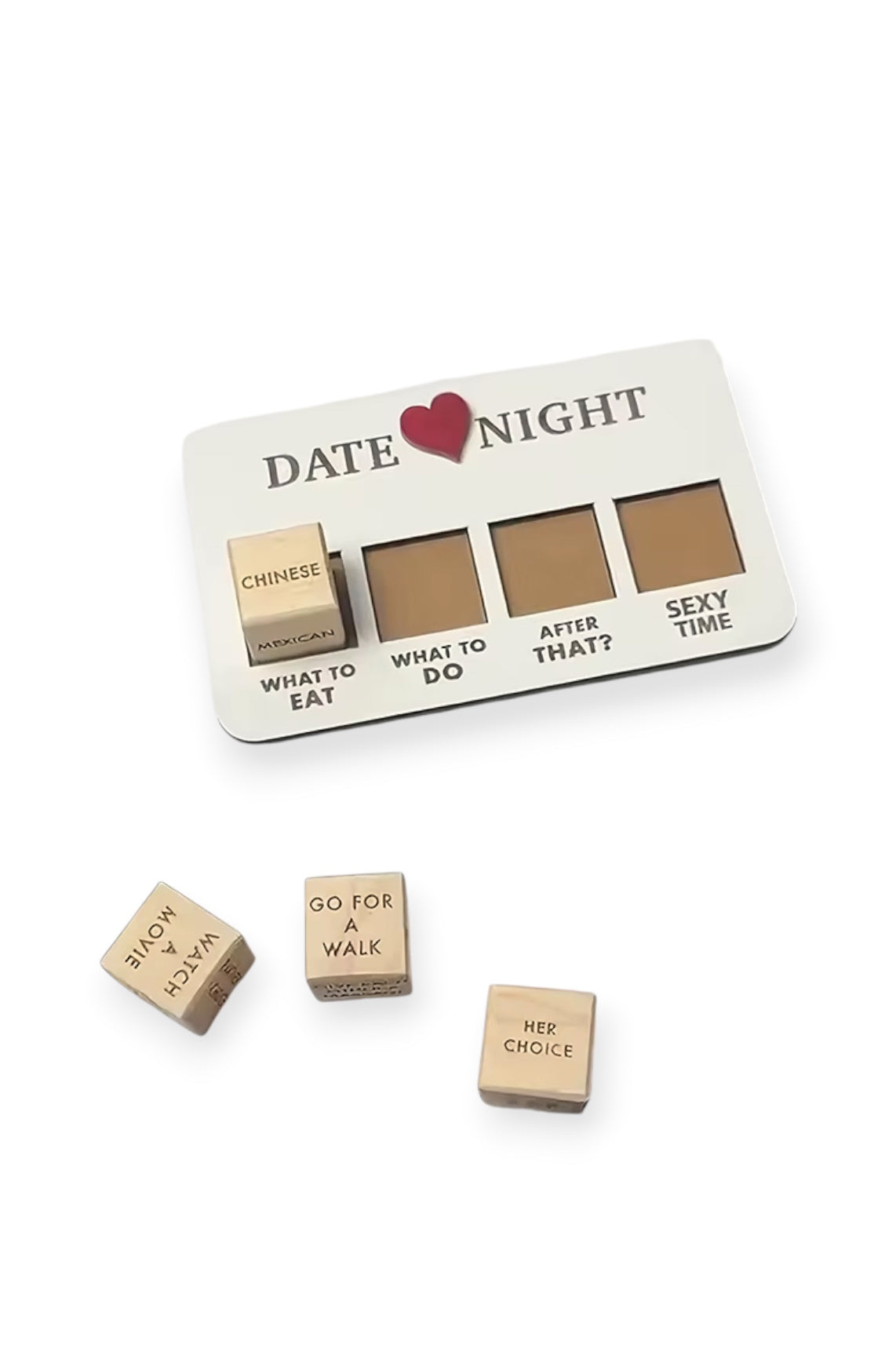 Wooden date night dice game showing four engraved couples dice for romantic date ideas