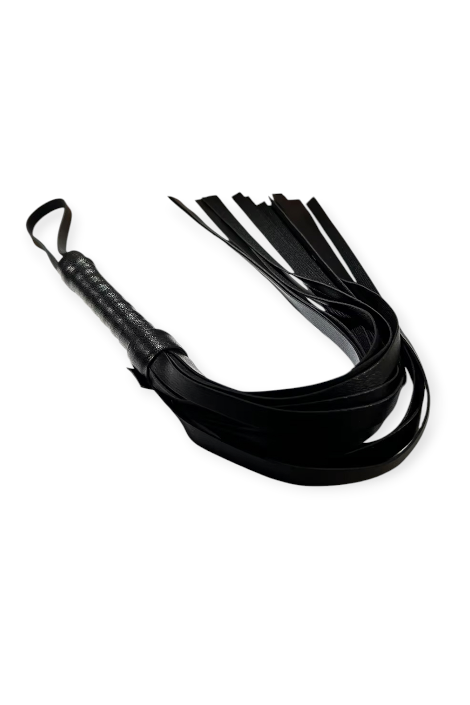black flogger whip BDSM bondage accessory with multiple leather straps