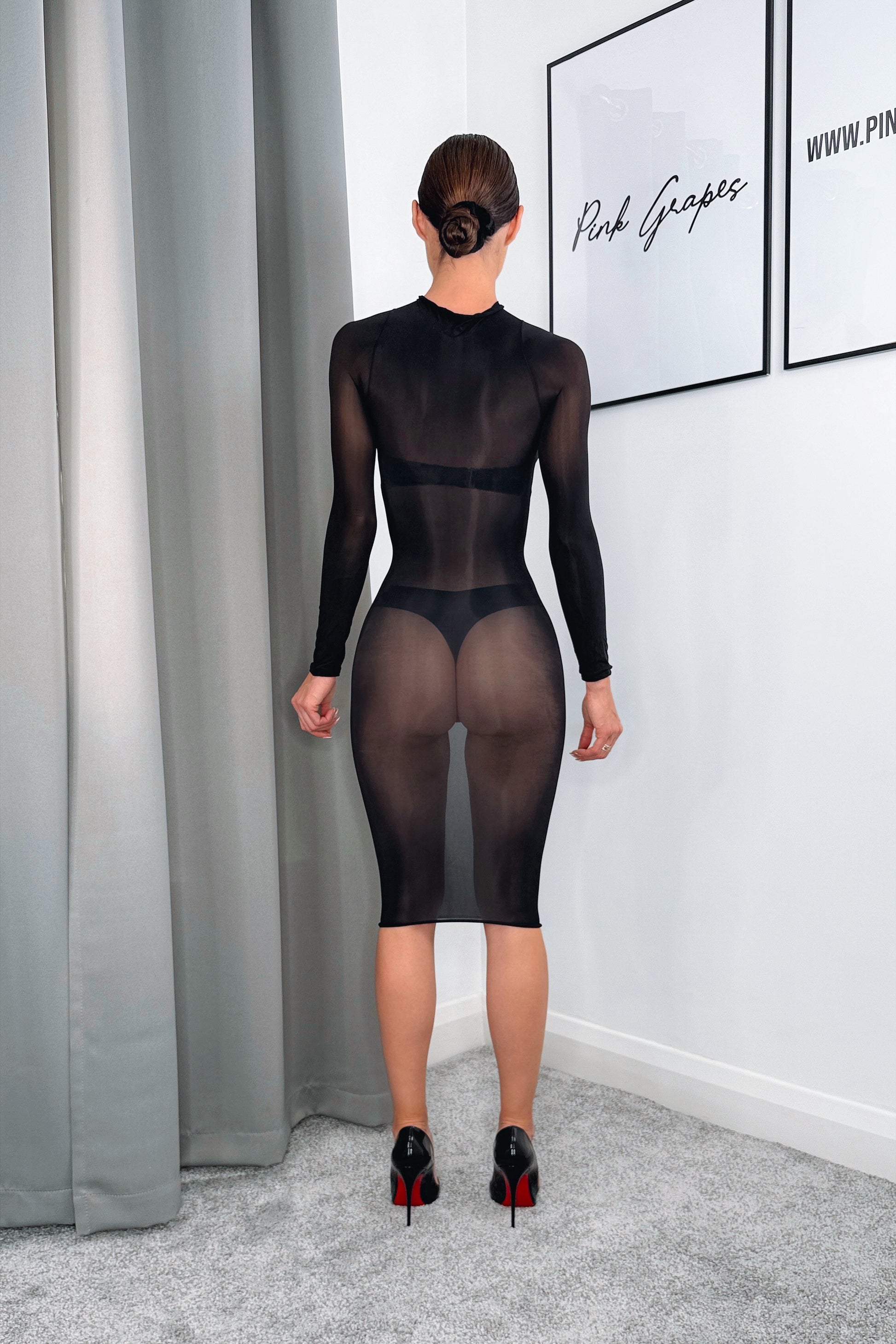 black glossy nylon transparent midi dress long sleeve oil shine look