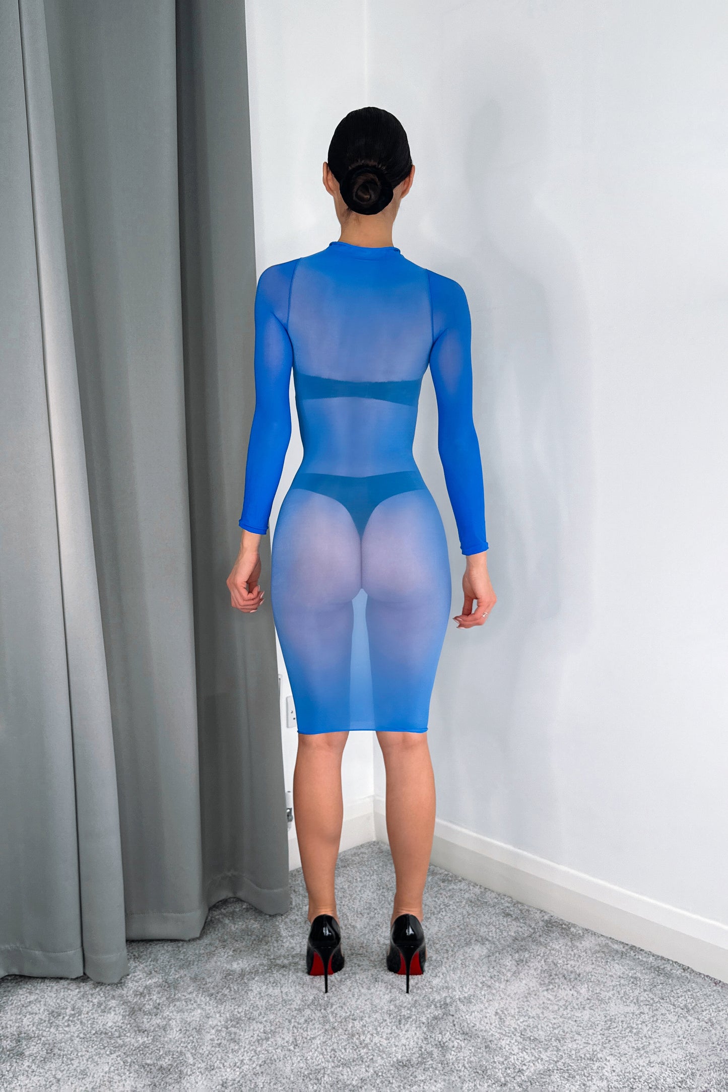 blue glossy transparent nylon midi dress long sleeve shiny bodycon dress