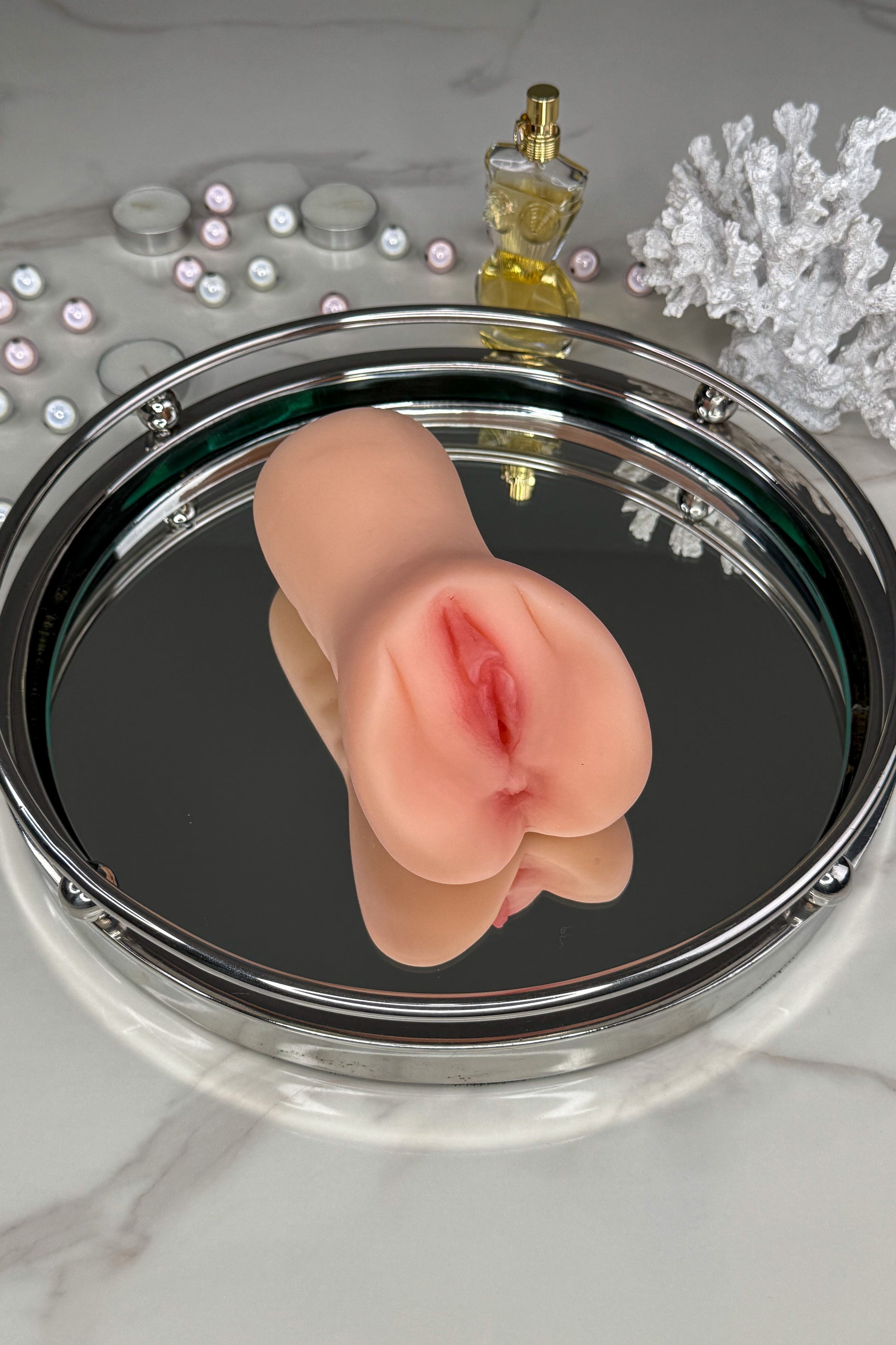 dual entry realistic male masturbator textured silicone sleeve