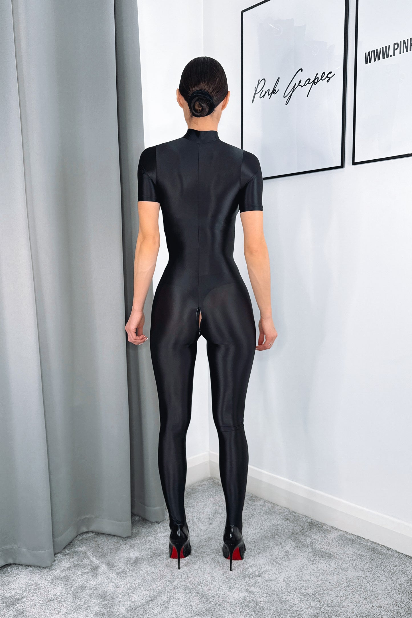 glossy black nylon bodystocking short sleeve full body bodysuit stretch
