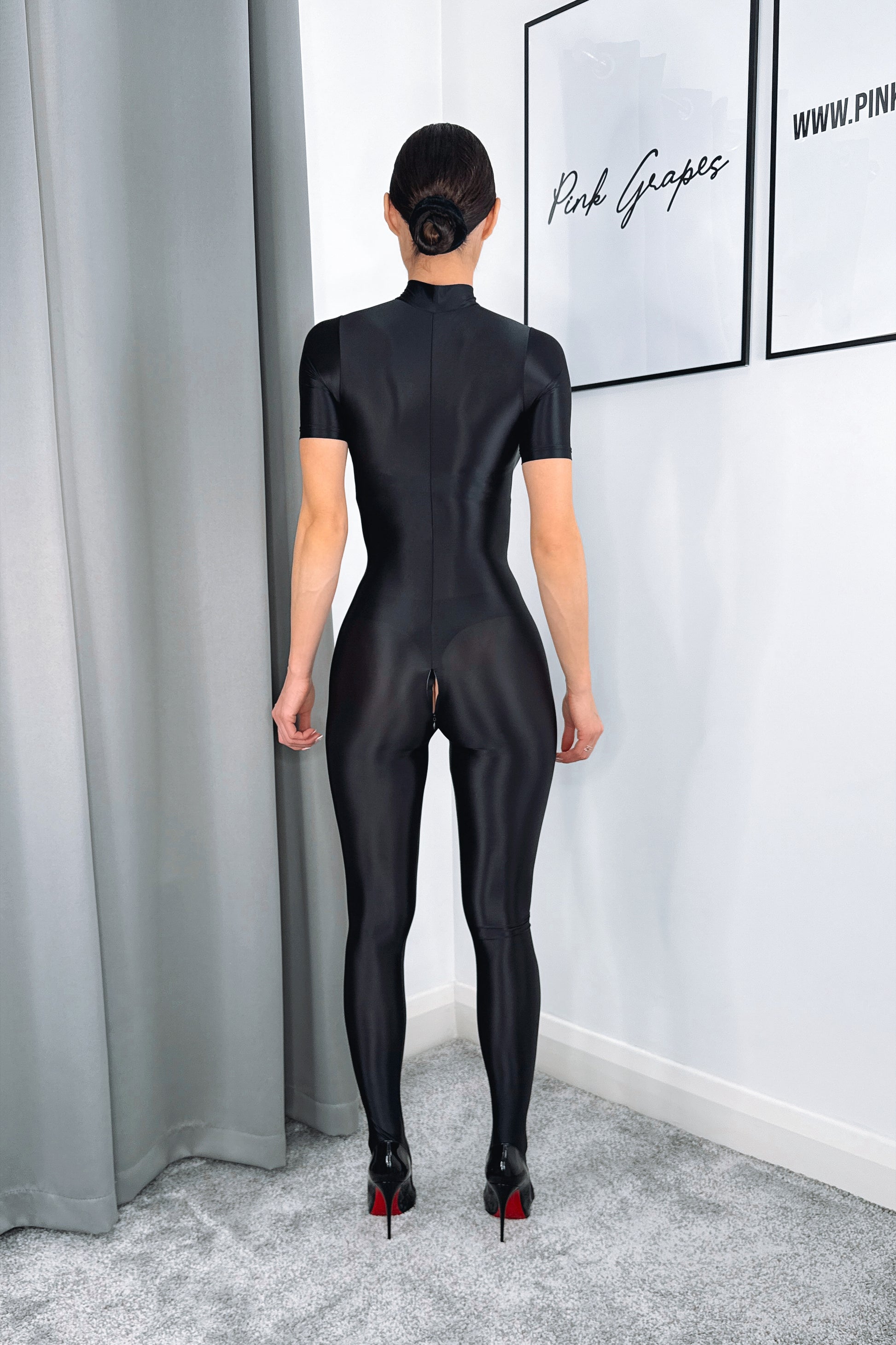 glossy black nylon bodystocking short sleeve full body bodysuit stretch