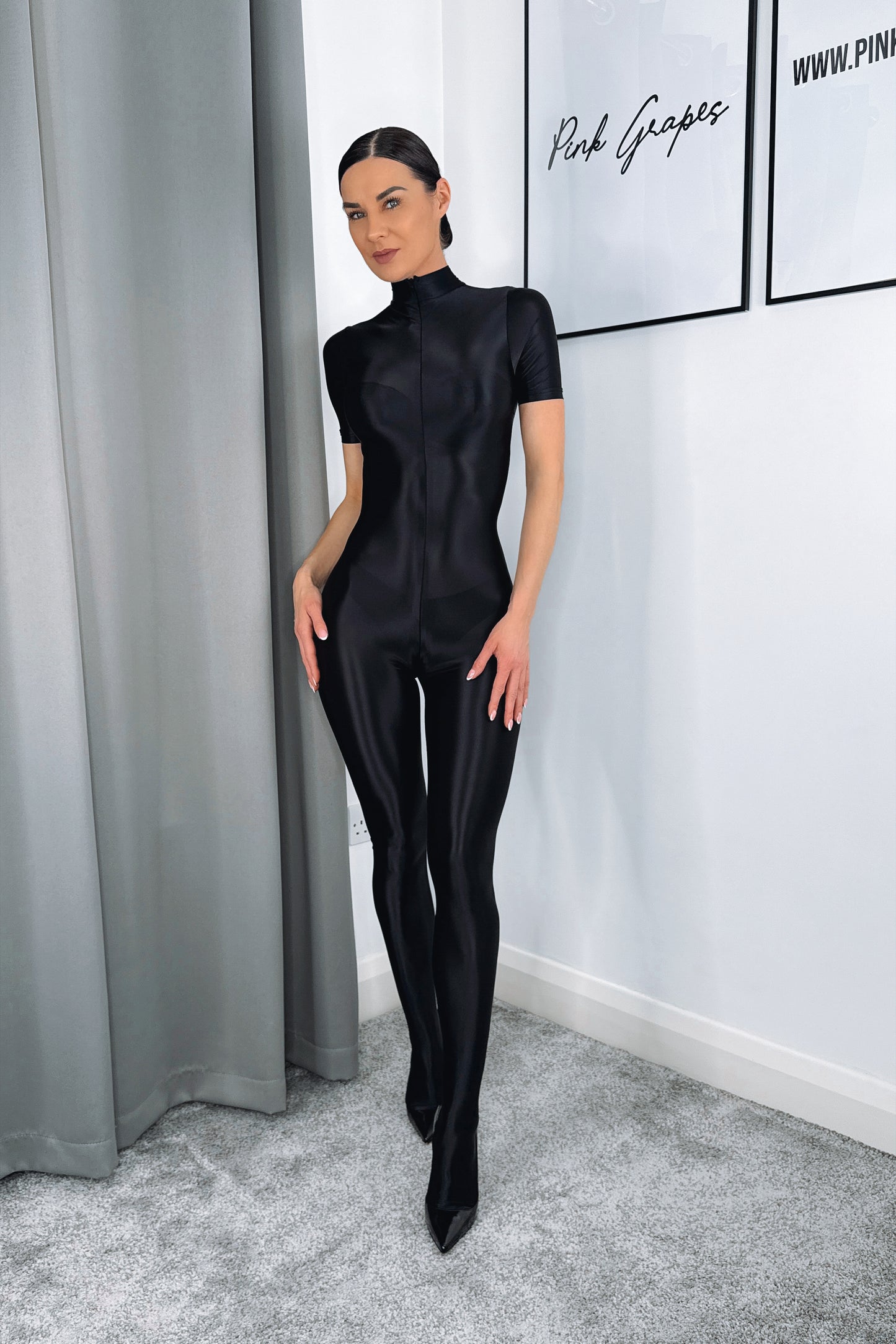 glossy nylon bodystocking oil shine full body suit short sleeve stretch fit