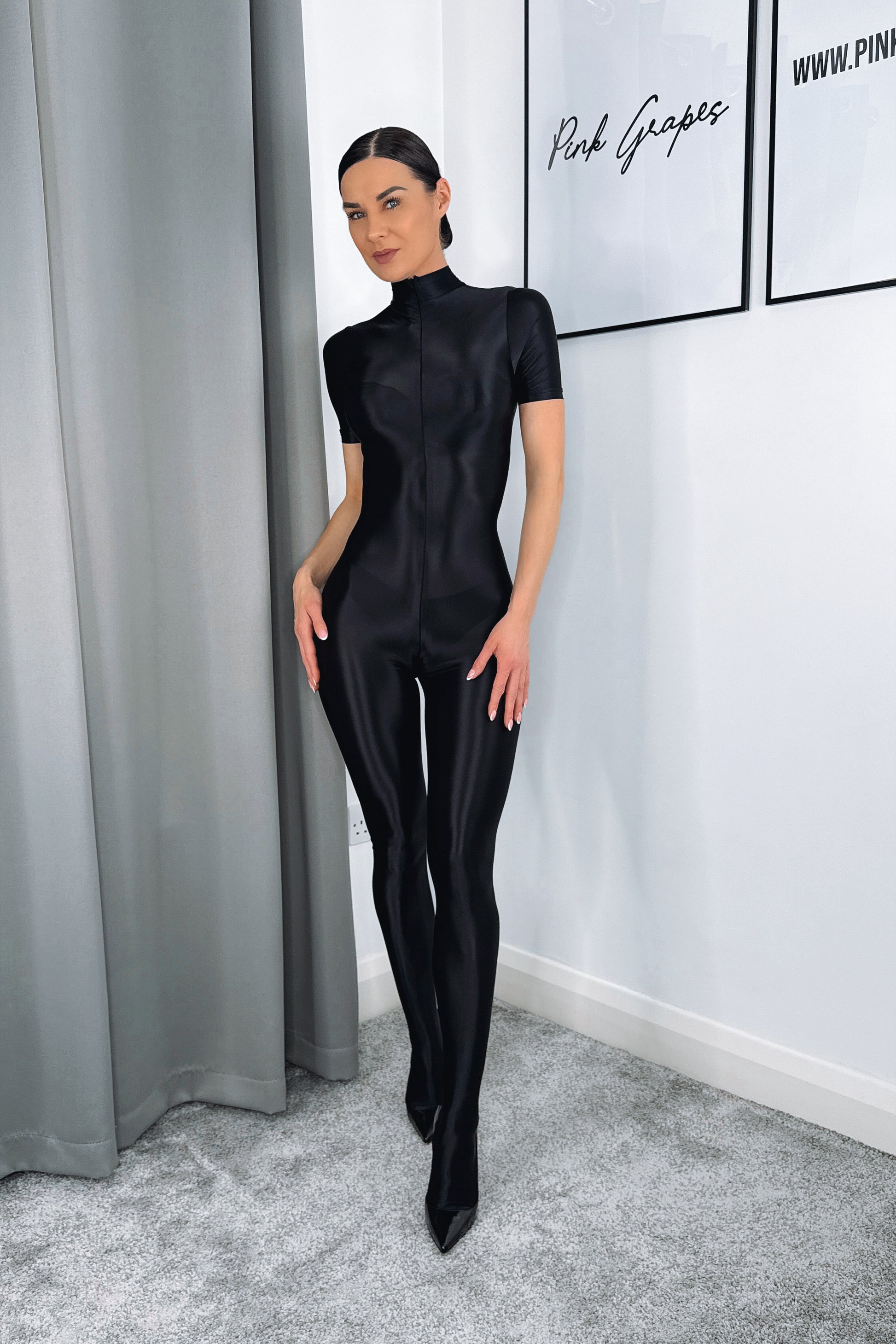 glossy nylon bodystocking oil shine full body suit short sleeve stretch fit