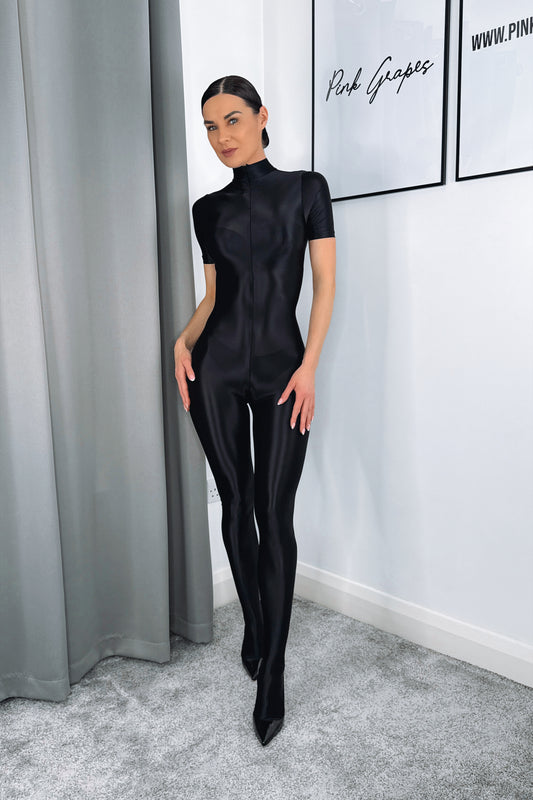 glossy nylon bodystocking oil shine full body suit short sleeve stretch fit