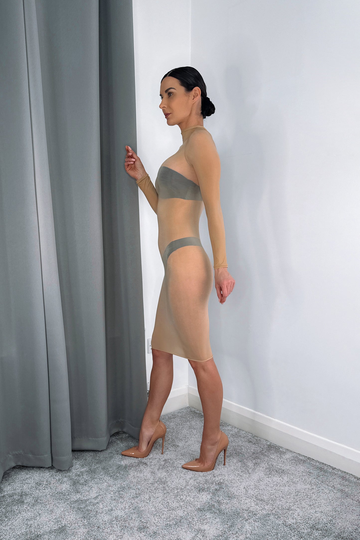 glossy nylon sheer midi dress long sleeve sexy transparent party dress