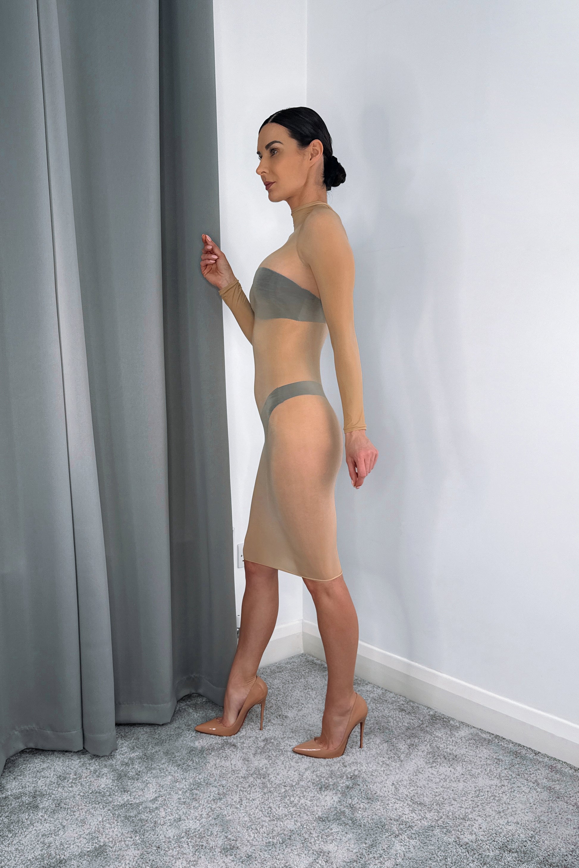 glossy nylon sheer midi dress long sleeve sexy transparent party dress