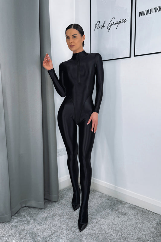 glossy opaque high shine bodystocking black catsuit long sleeve stretch fit