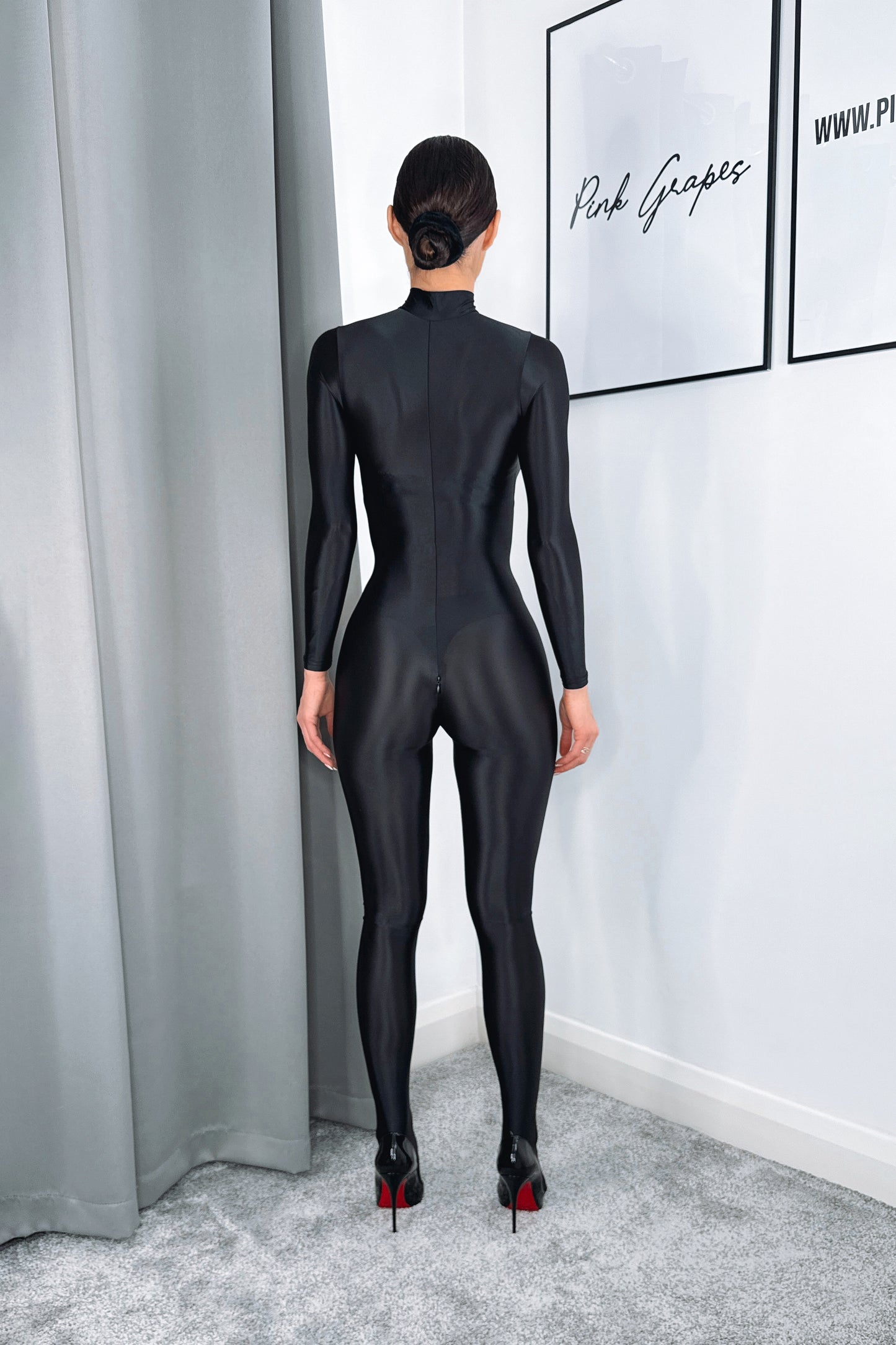 glossy semi opaque bodystocking full body front view sculpting fit