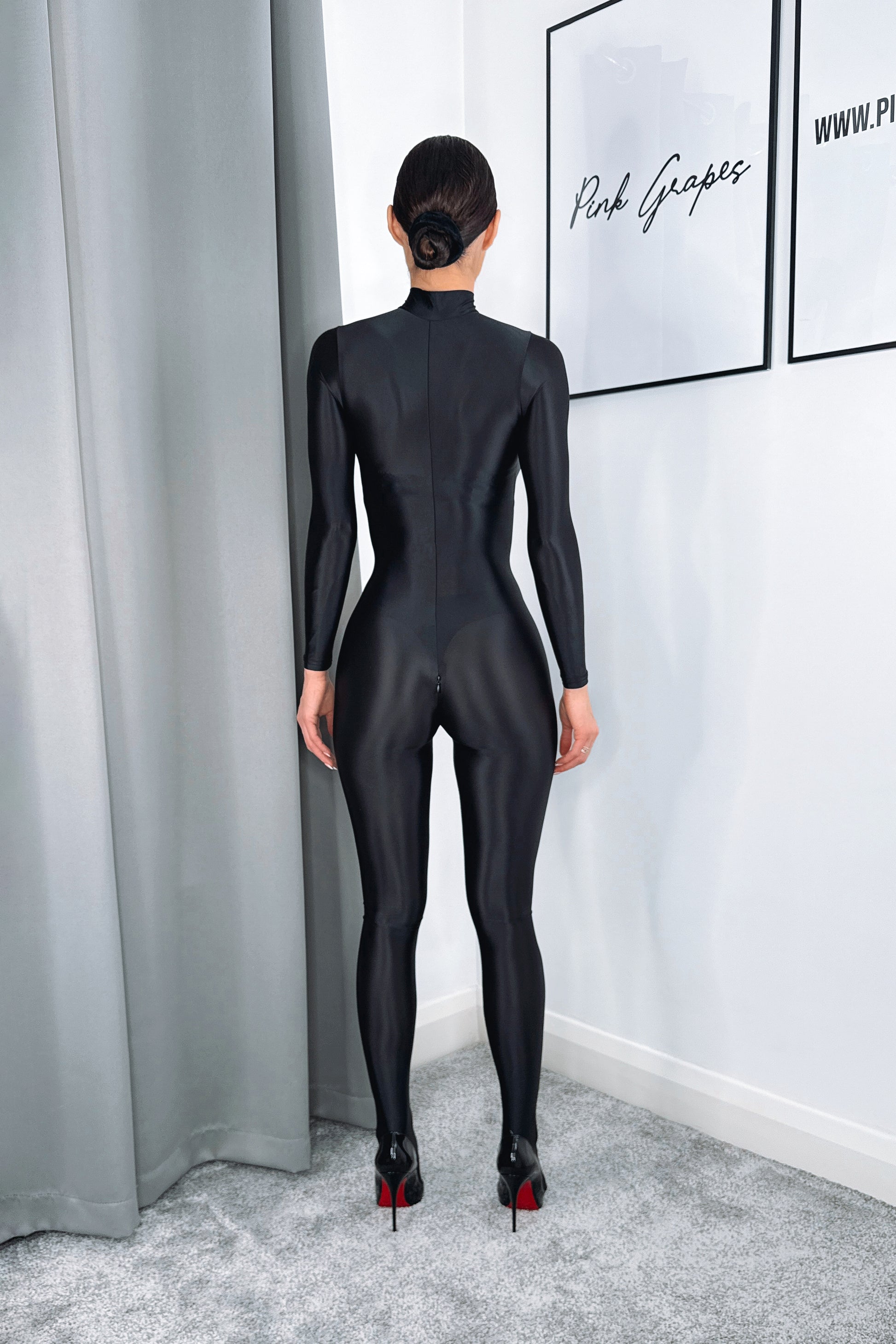 glossy semi opaque bodystocking full body front view sculpting fit