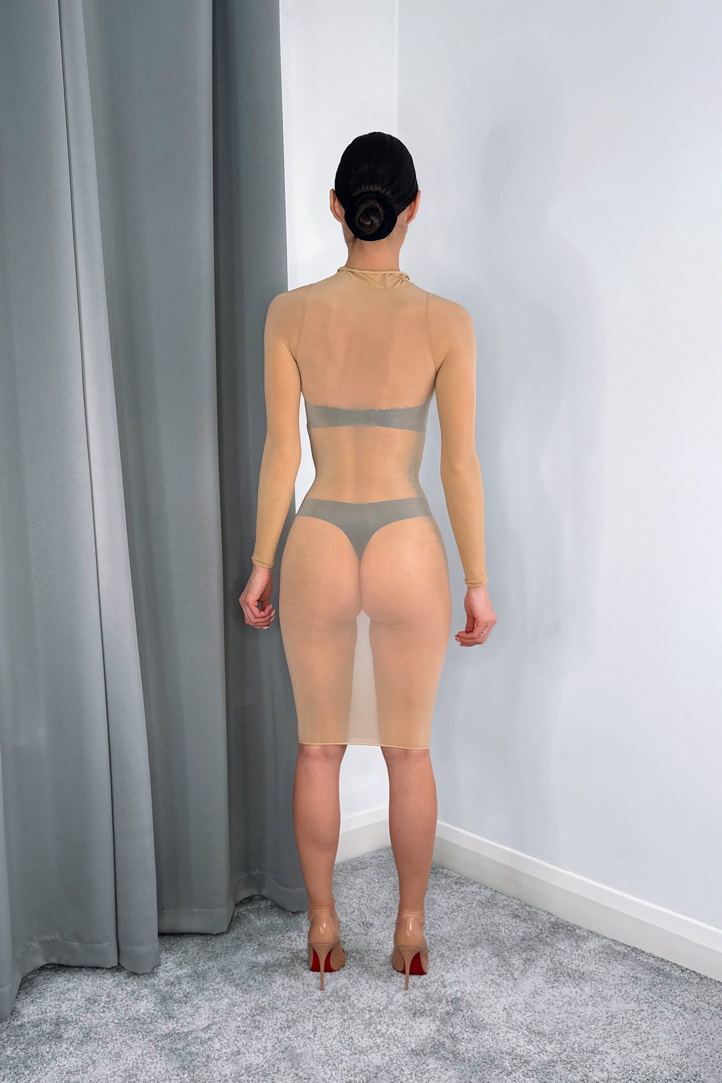 nude glossy transparent nylon midi dress long sleeve shiny bodycon dress