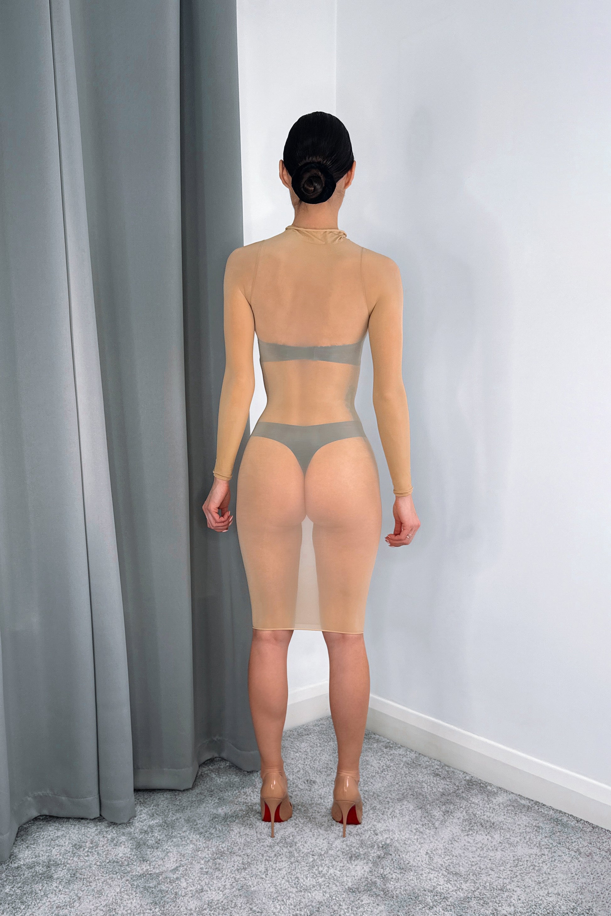 nude glossy transparent nylon midi dress long sleeve shiny bodycon dress