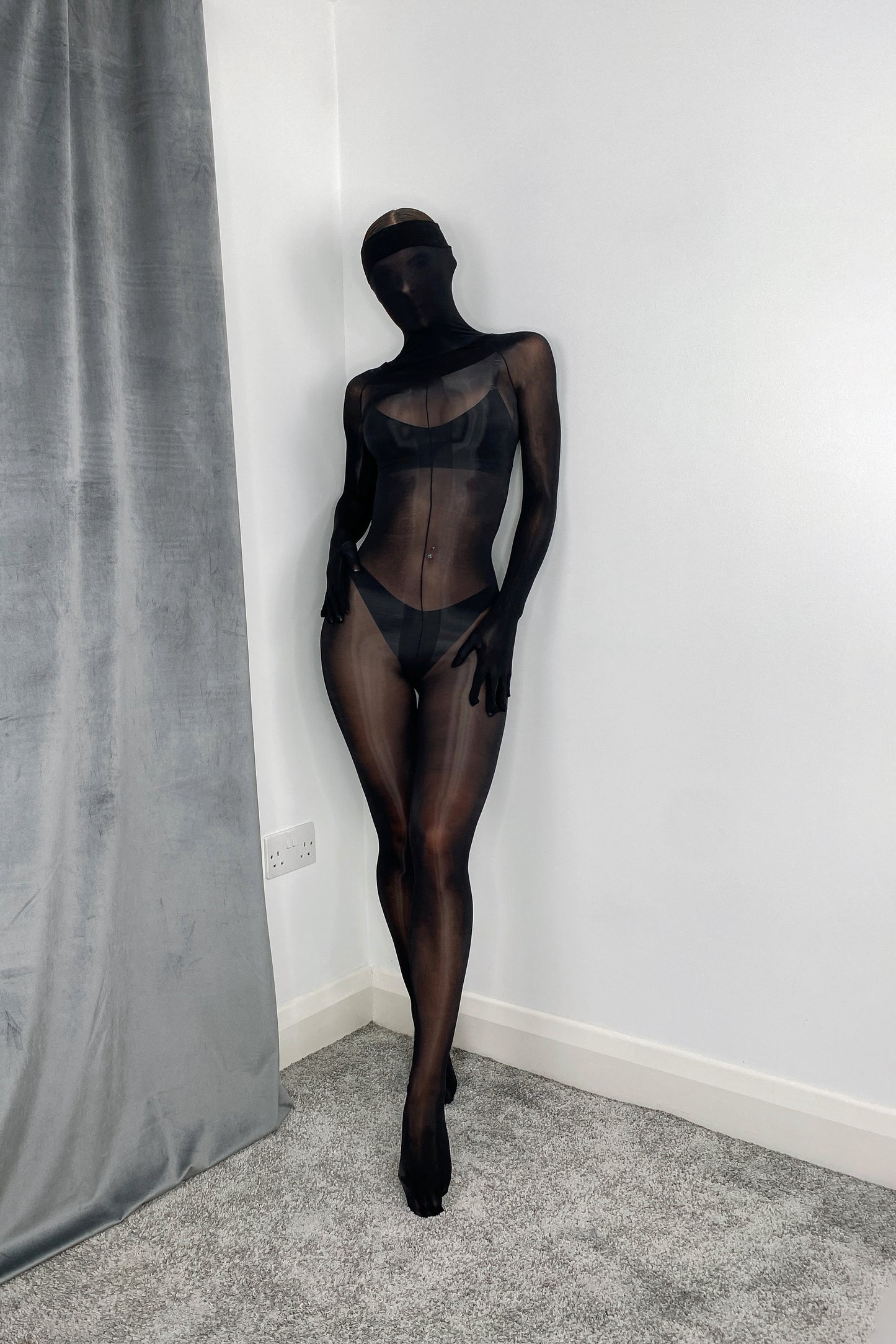 sheer nylon encasement bodystocking full body glossy finish