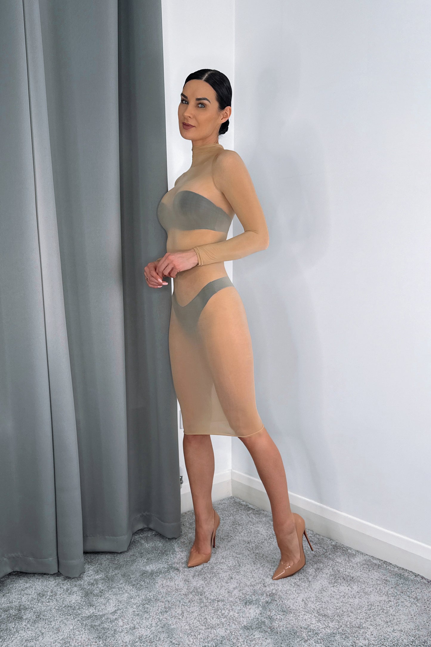 tan oil shine nylon midi dress glossy sheer long sleeve bodycon dress