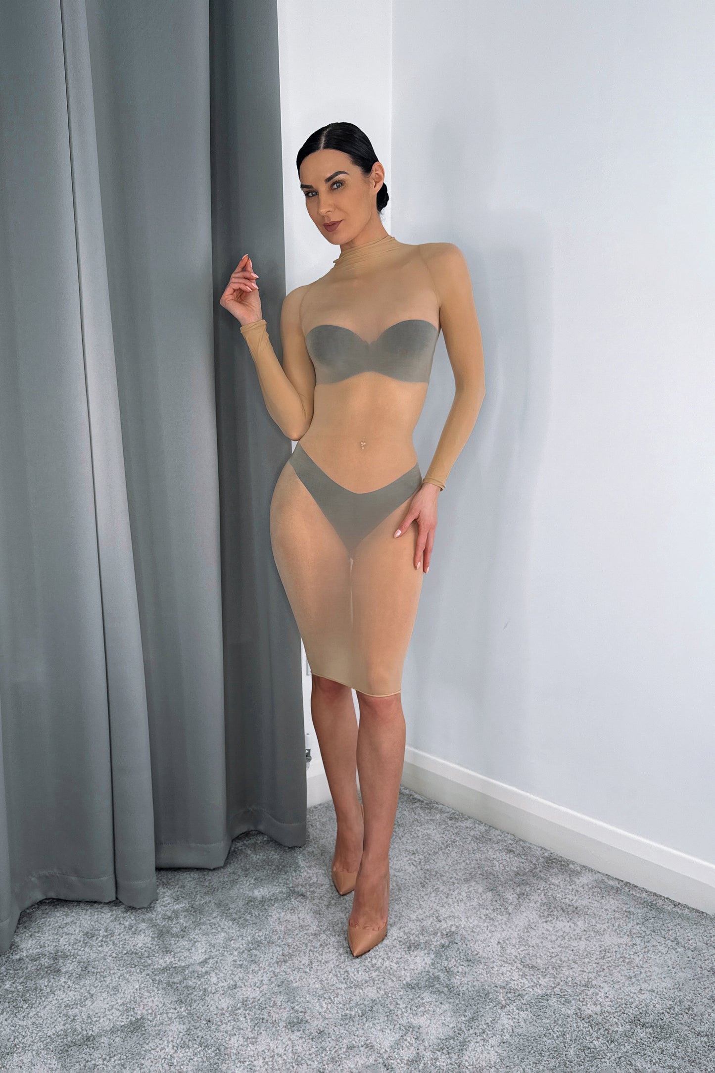 tan sheer nylon midi dress long sleeve transparent bodycon dress